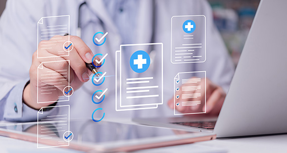 doctor reviewing medical documents with digital checklists and a tablet for efficient healthcare management