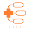 orange medical flowchart icon with eight interconnected elements displaying a healthcare process